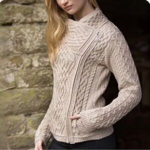 NWT AranCrafts Merino Wool Asymmetrical Sweater Cardigan Natural/Stone Size XS